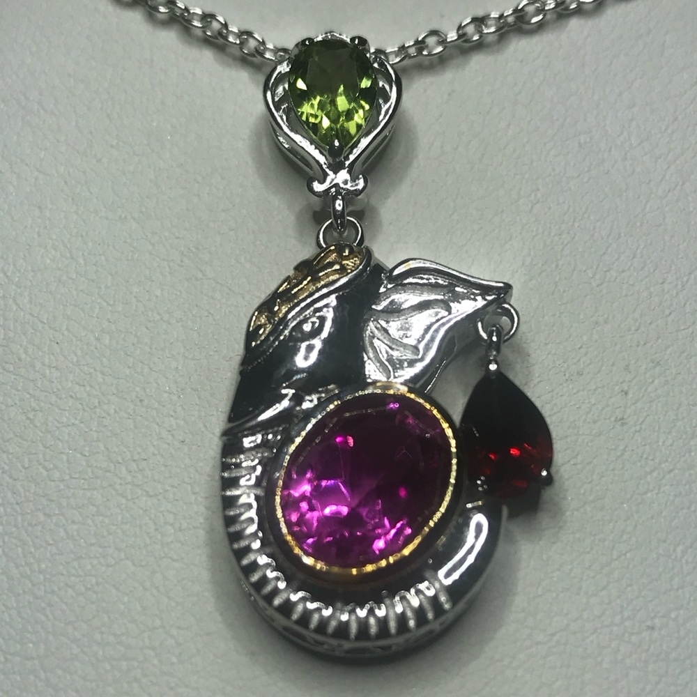 Silver & Gold plated Elephant Profile With MultiColored Stones & 20” Long Chain